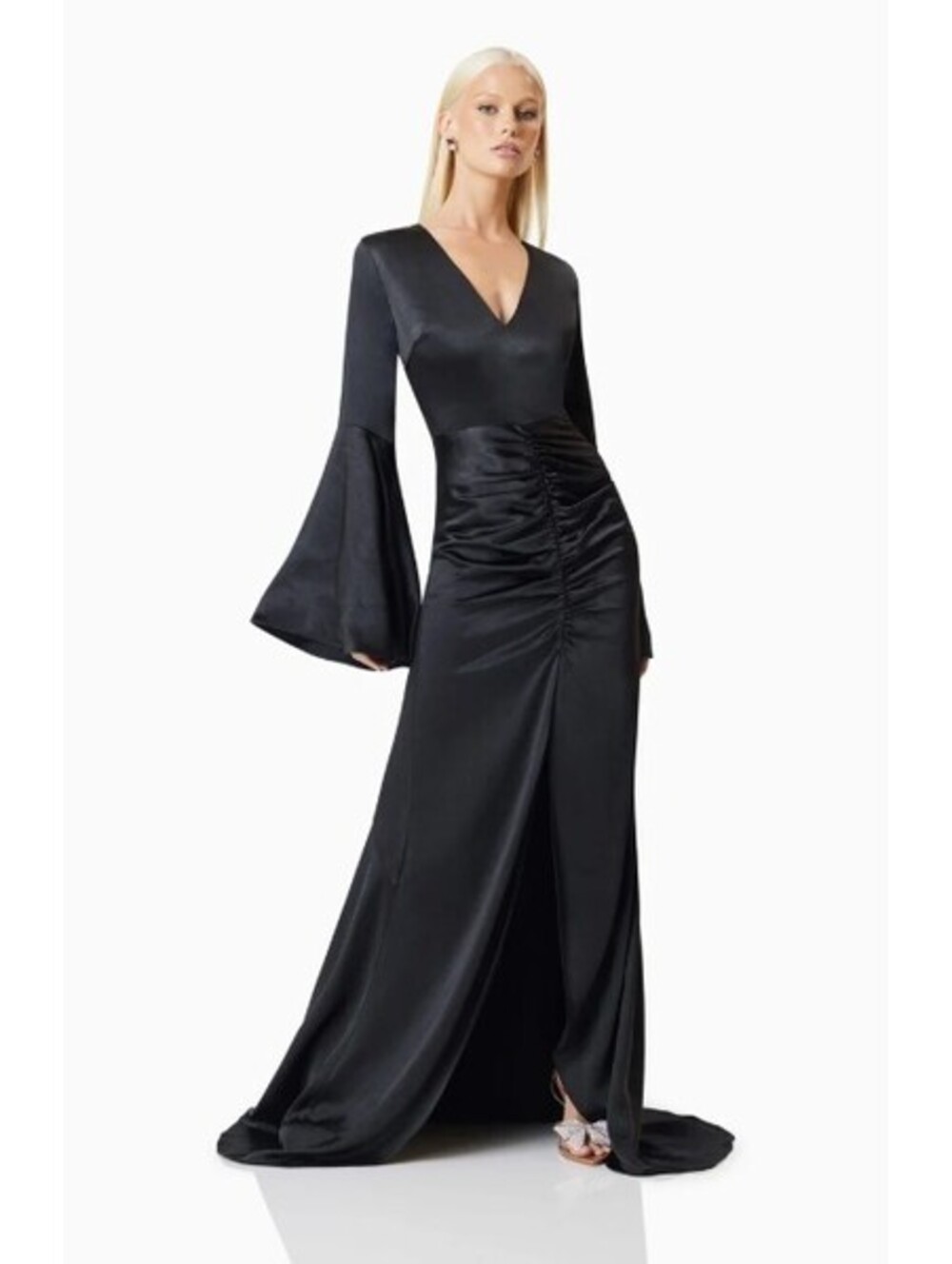 ELLIATT Clementine Gown XXS Black Satin Plunge V Neck Maxi Dress NWT $285